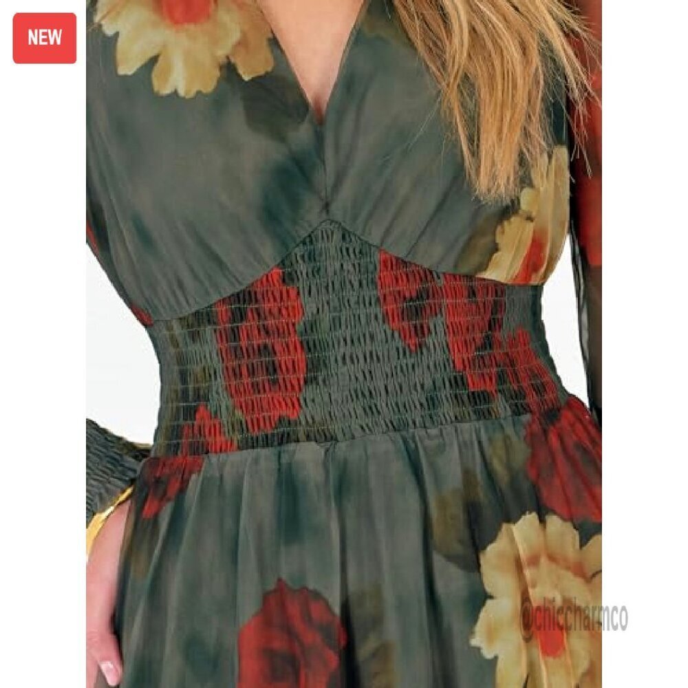 Flowy Maxi Dress with Puff Sleeves V-Neck Long Sleeve Wedding Guest - Picture 3 of 8